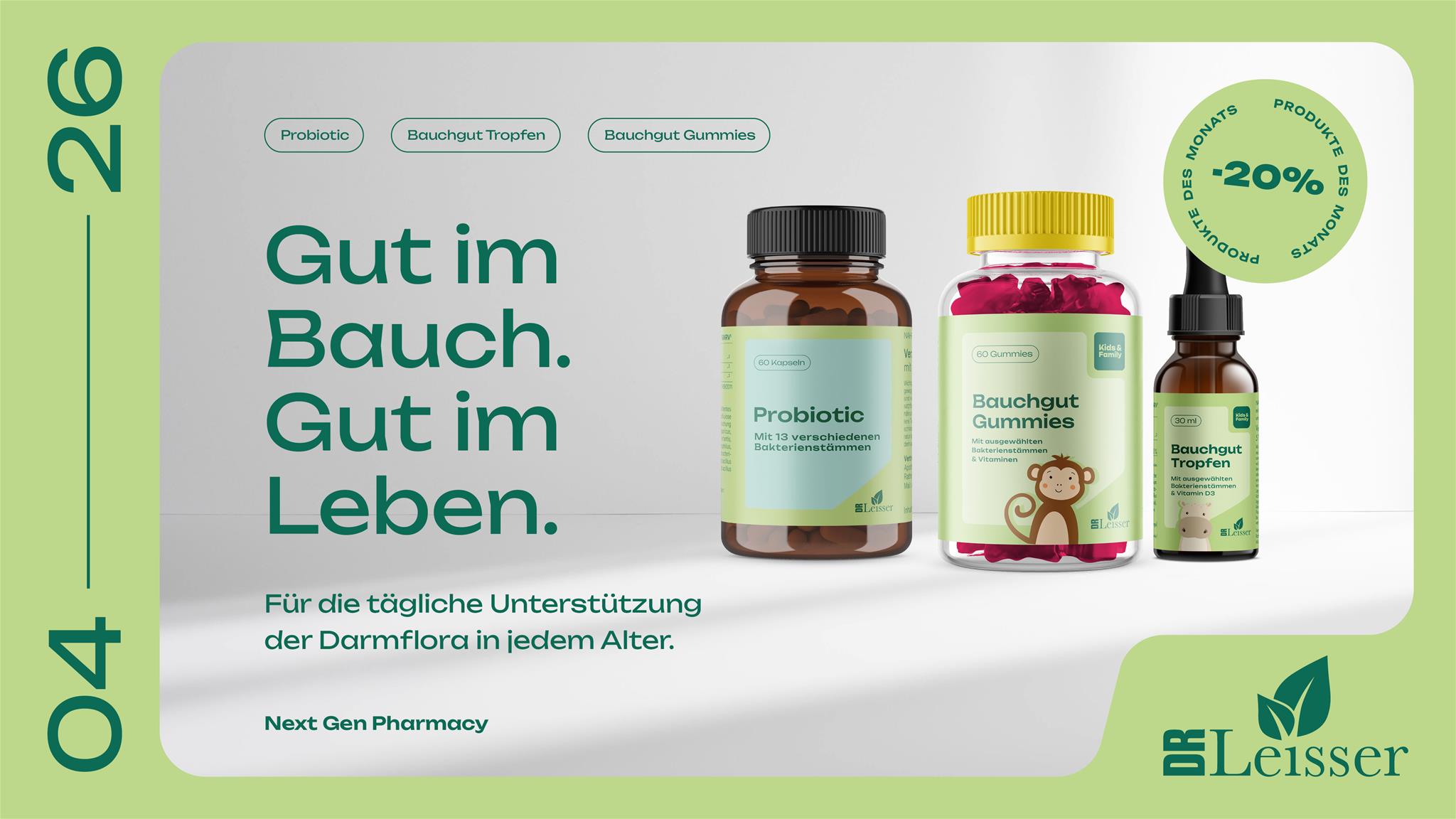 April Aktion mit 20% Rabatt auf Probiotic, Bauchgut Gummies und Bauchgut Tropfen