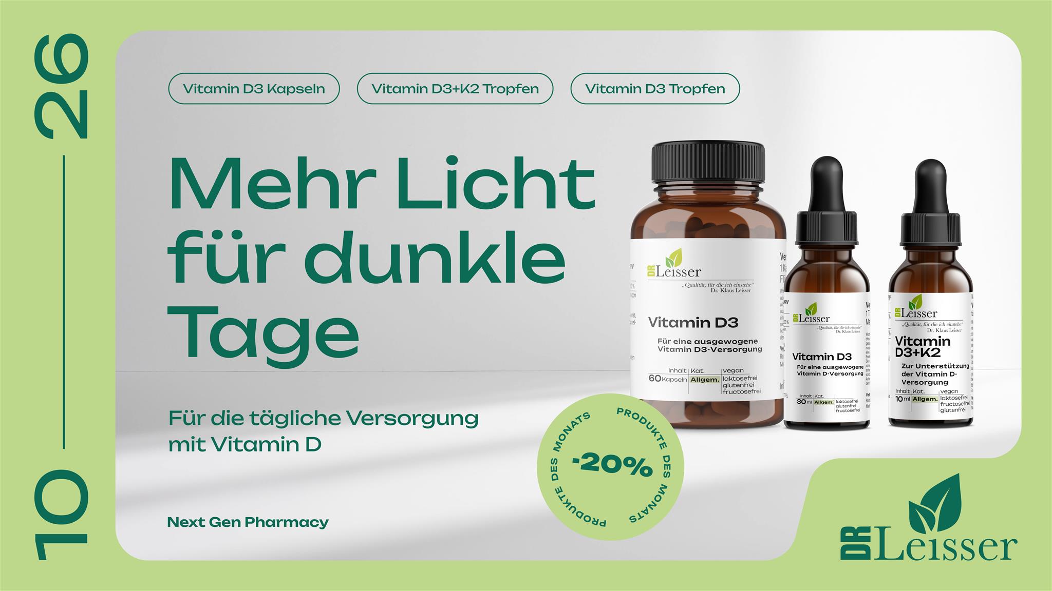 Oktober Aktion mit 20% Rabatt auf Vitamin D3, Vitamin D3 Tropfen und Vitamin D3+K2 Tropfen